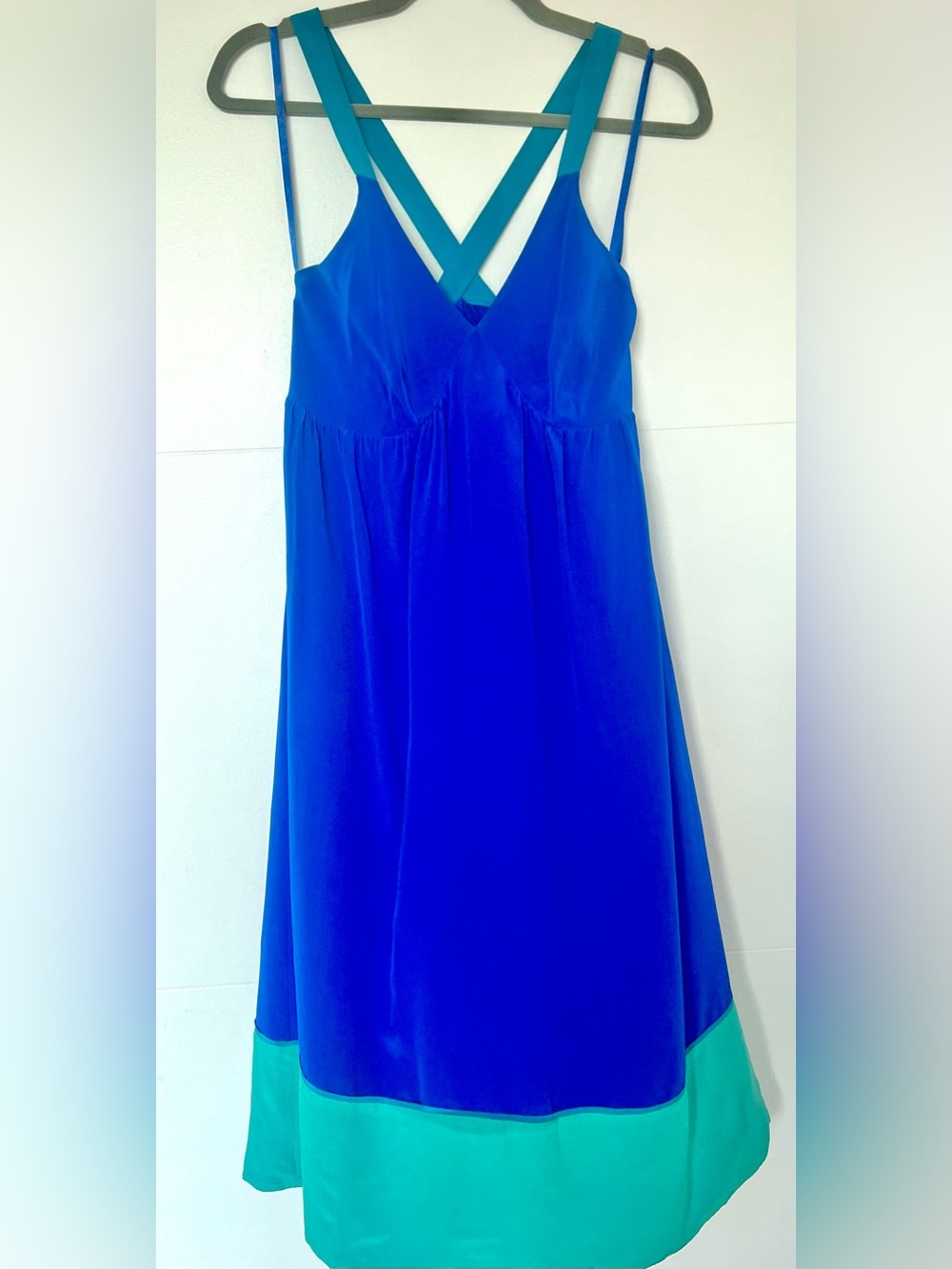 Monsoon Silk Colorblock Midi Dress UK 12 US 8 Cobalt Blue Turquoise Crossback